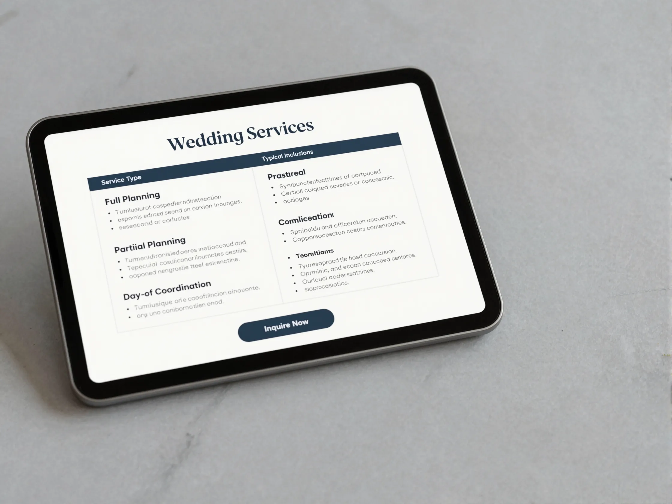 Clear wedding services page detailing full partial day of coordination packages