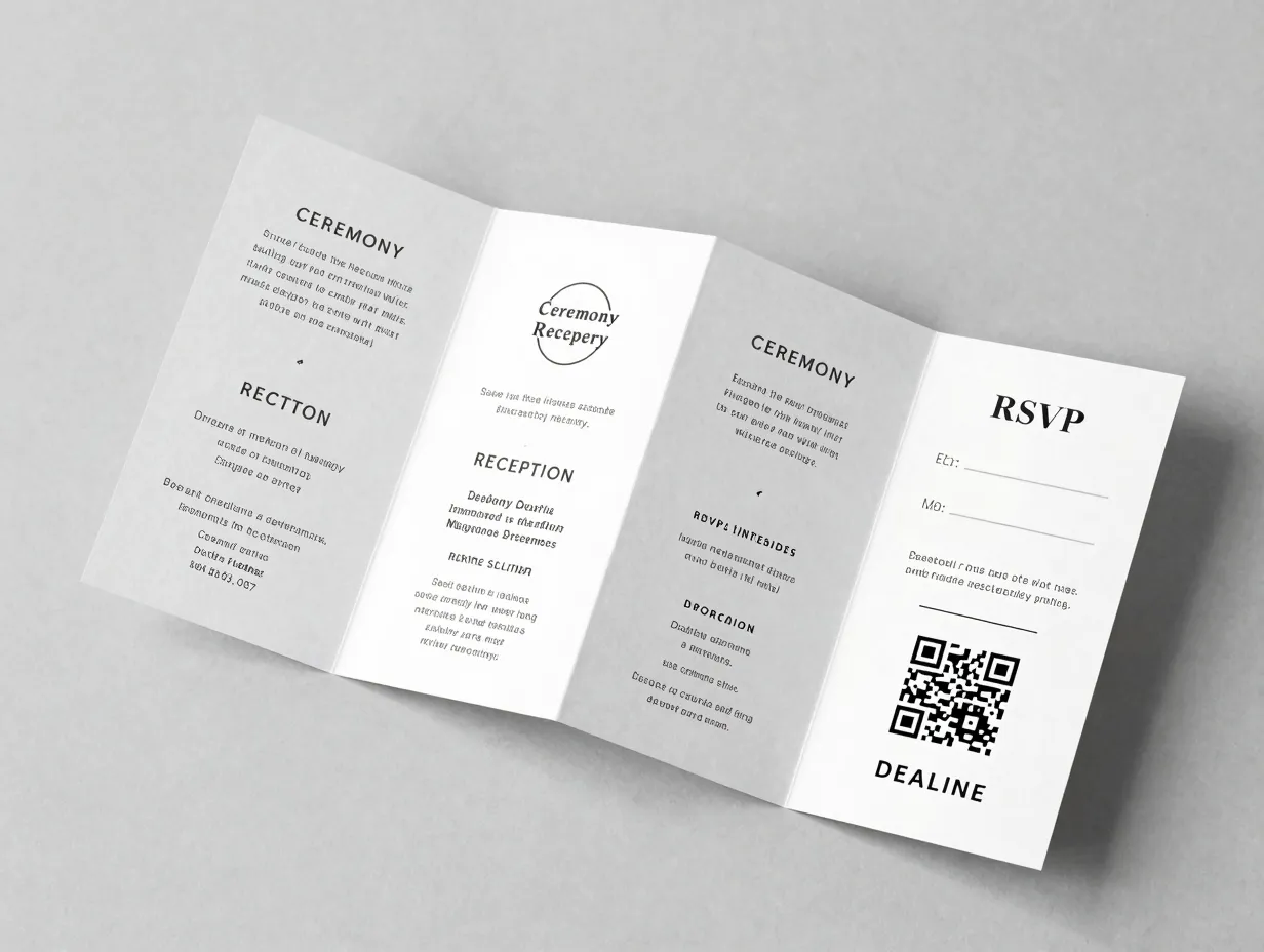 Unfolded accordion panel wedding invitation with integrated rsvp