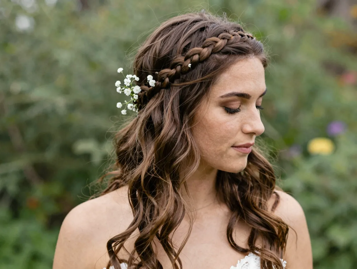 Braided headband boho bridal hairstyle whimsical romantic garden
