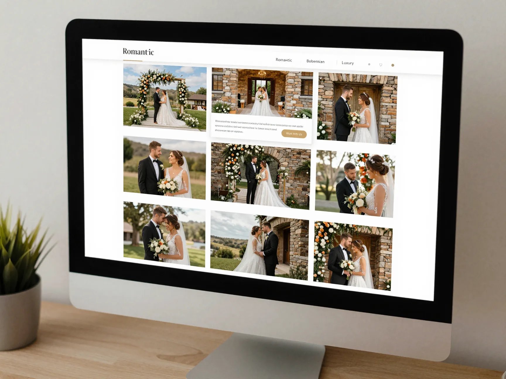 High resolution wedding gallery portfolio page with categorized romantic bohemian luxury photos