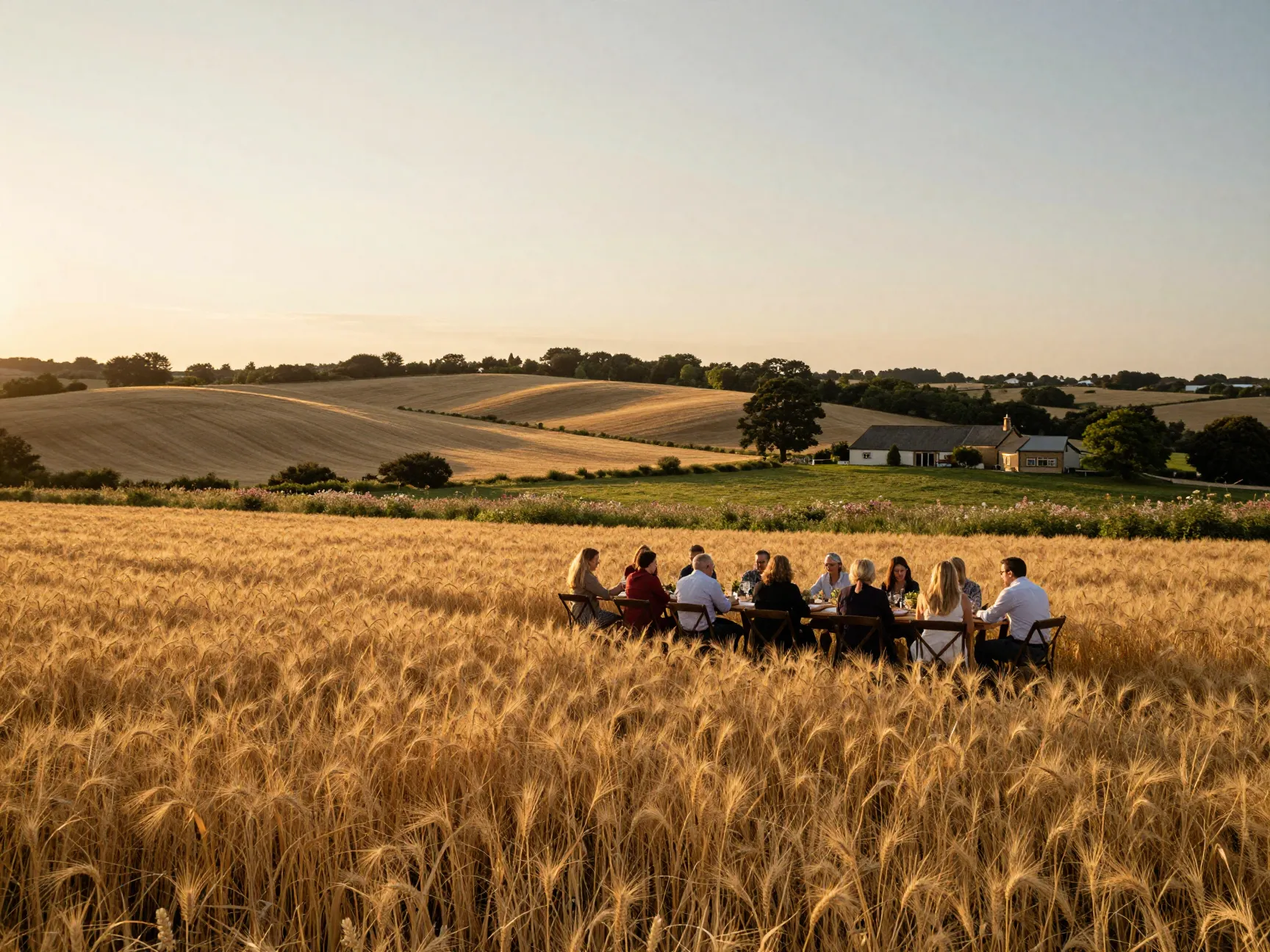 Outdoor countryside wedding reception in golden wheat field