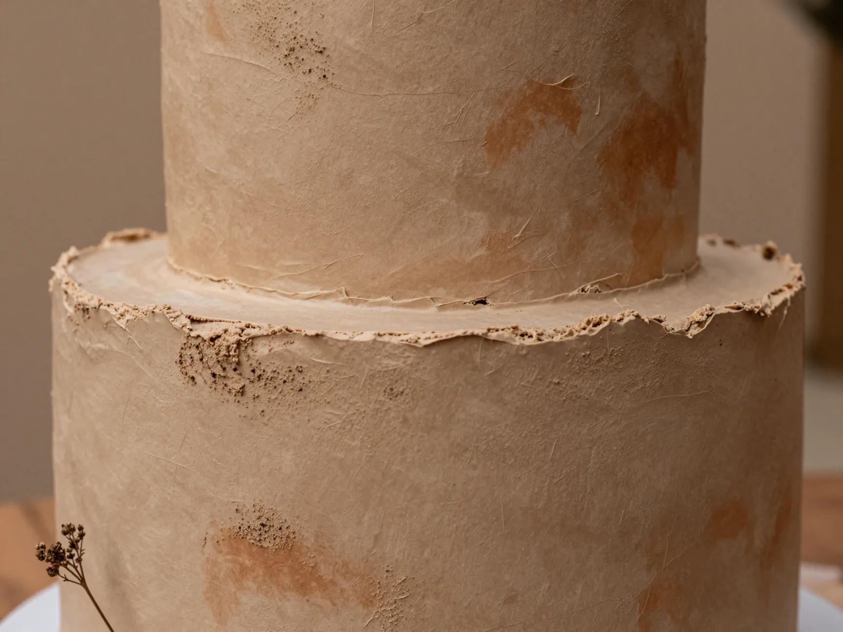 Stucco textured wedding cake with clay terracotta taupe buttercream