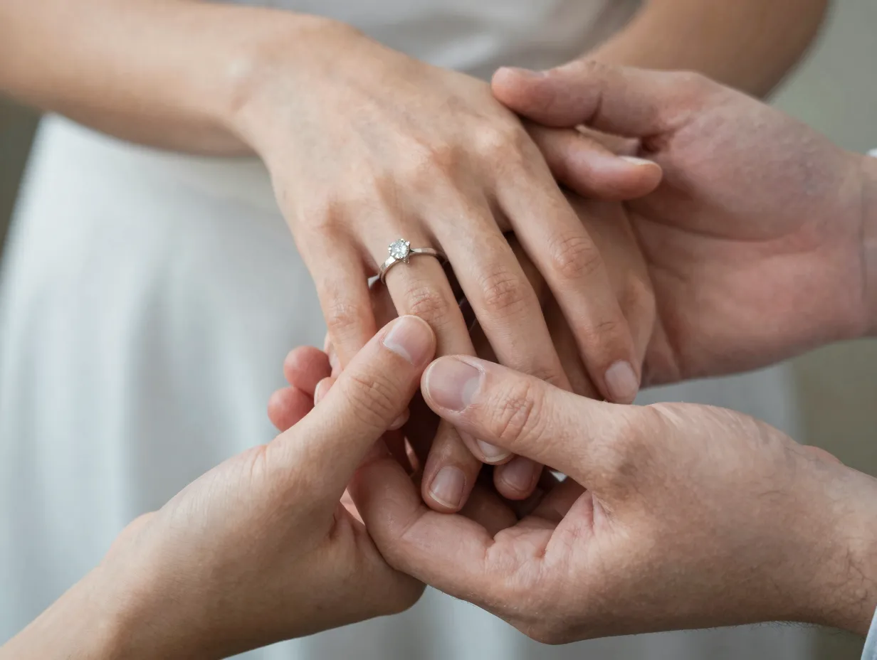 Two hands interlocked with an engagement ring visible between fingers