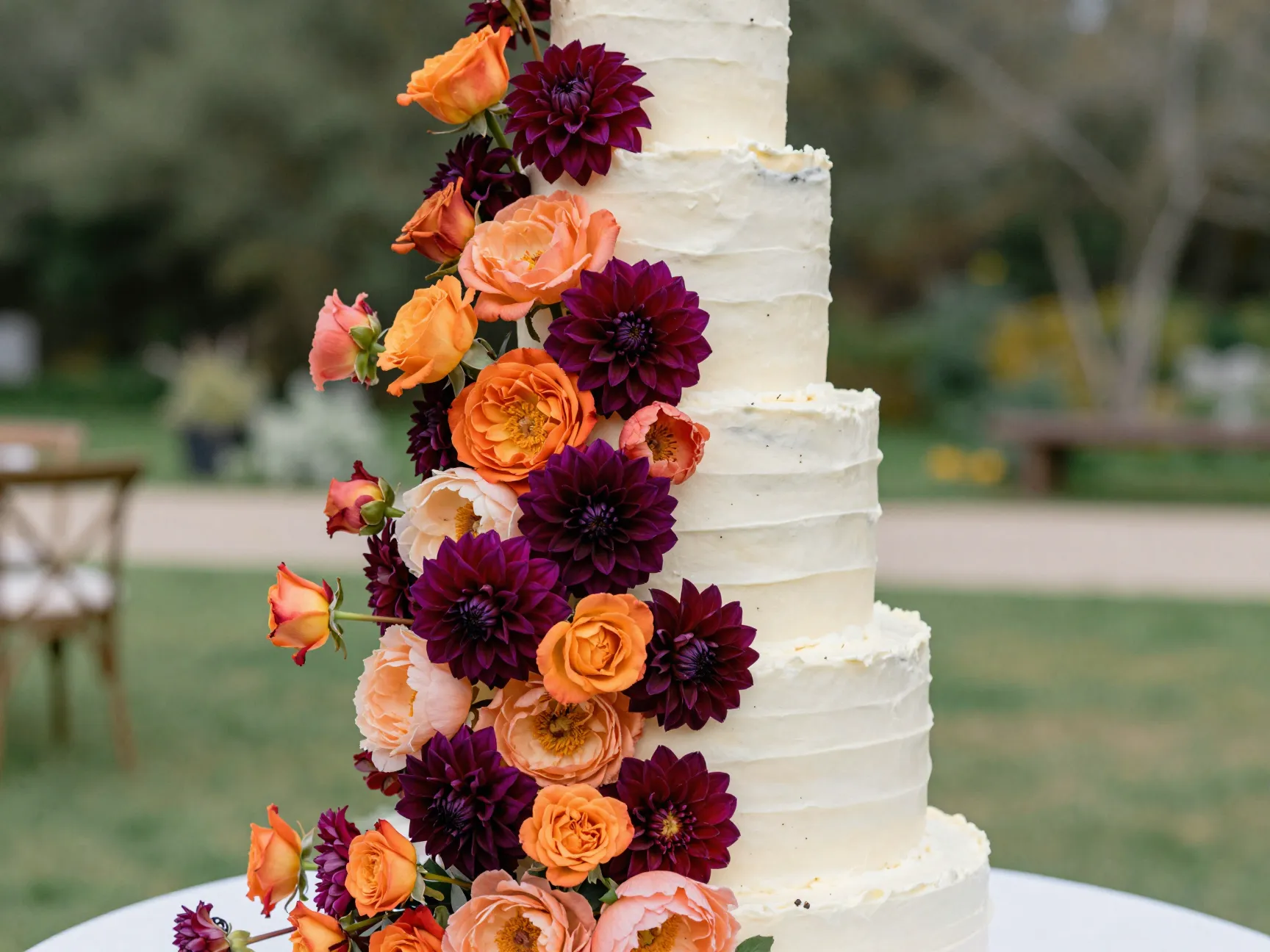 Bold floral rustic wedding cake with plum dahlias orange roses