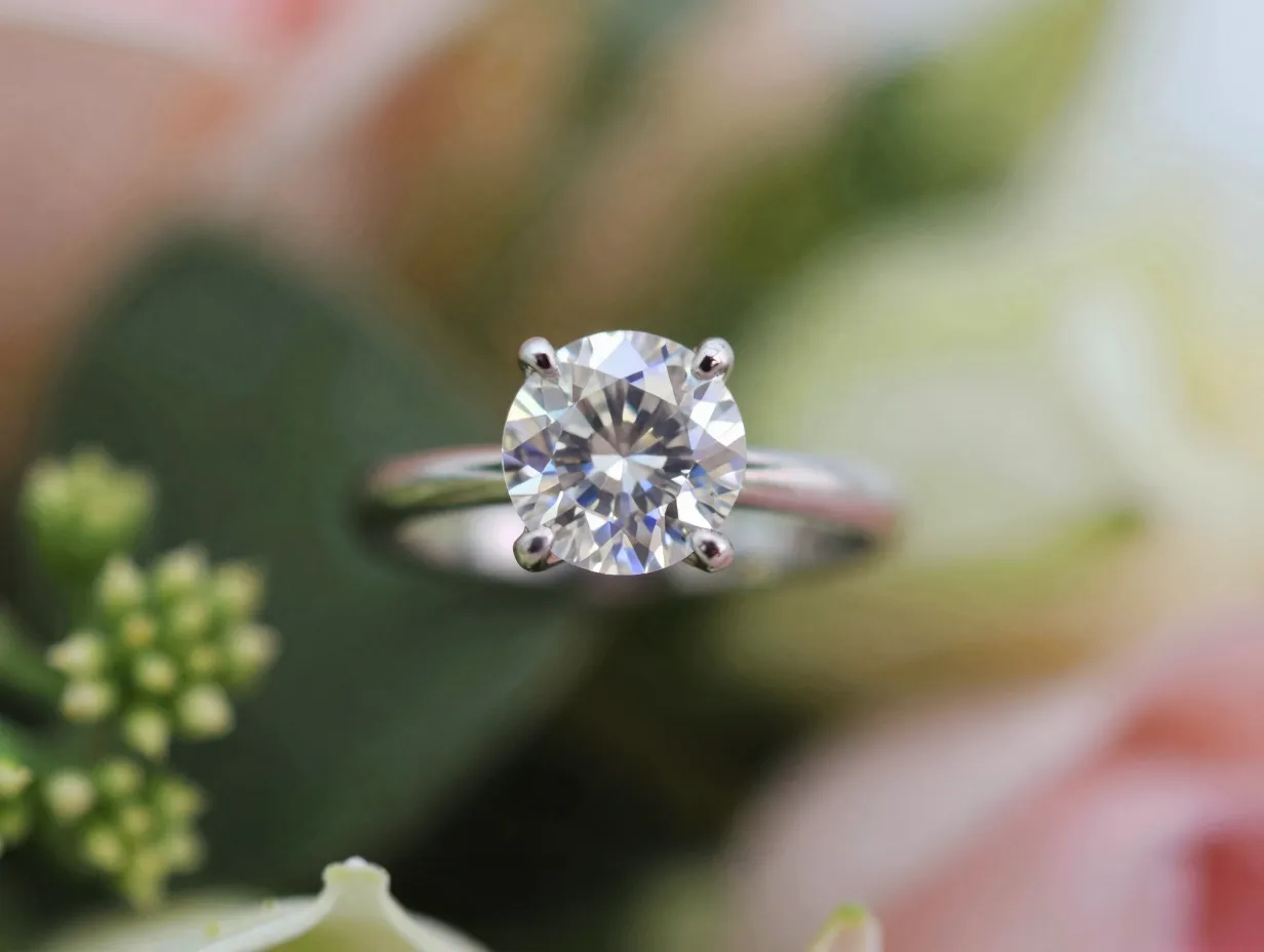 Engagement ring in sharp focus with a blurred floral background bokeh