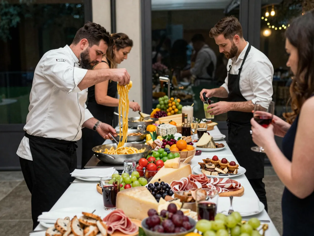Live pasta cooking station with chef and grazing tablescape
