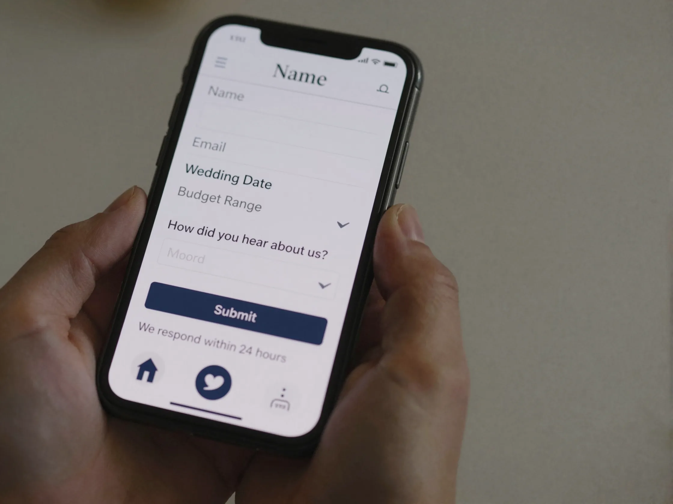 Structured wedding contact page inquiry form with fields and response time
