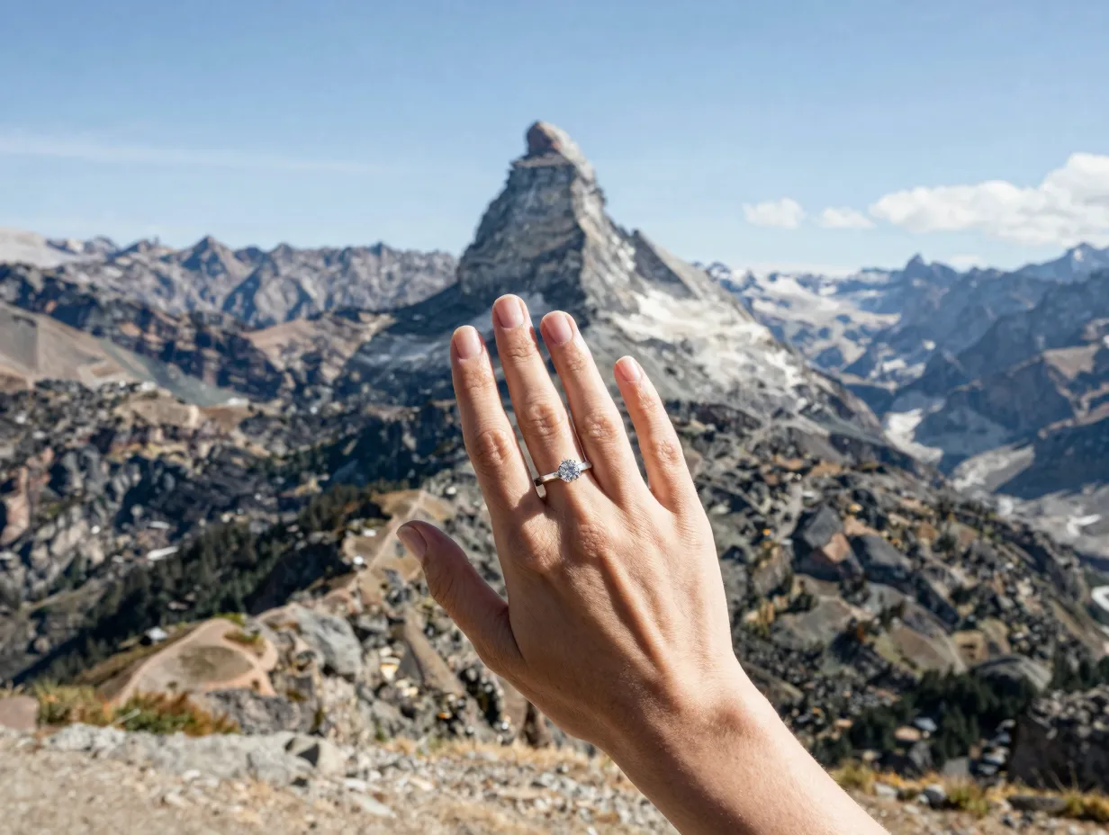 Engagement ring on a hand against a backdrop of a mountain peak