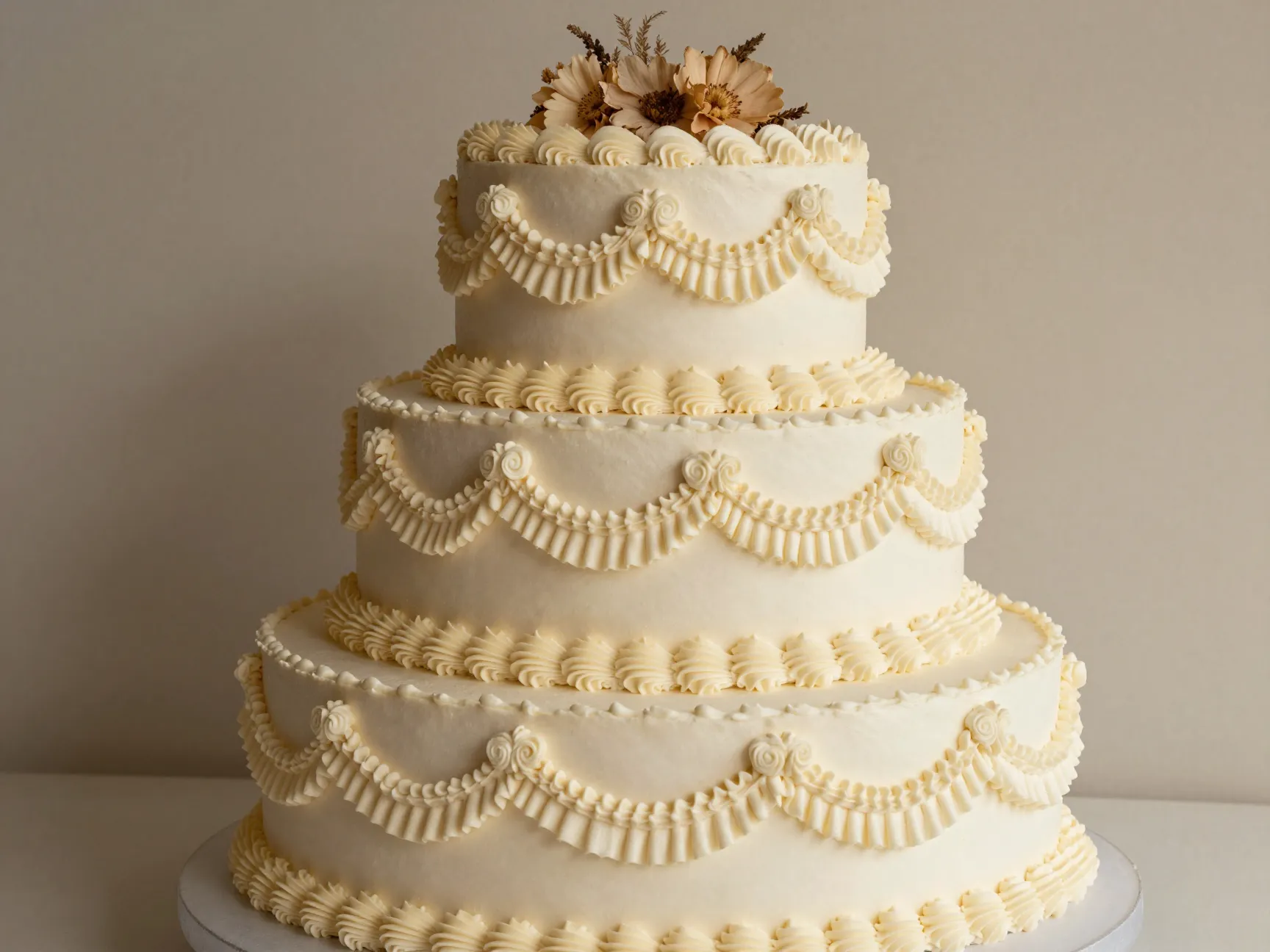 Vintage lambeth wedding cake with ivory scrollwork ruffles borders