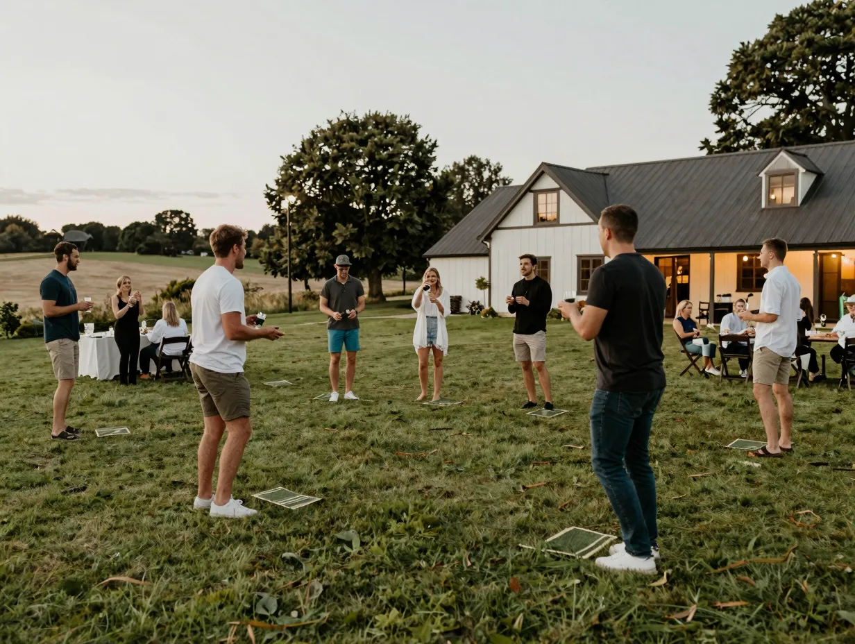 Experiential wedding weekend welcome cocktail lawn games