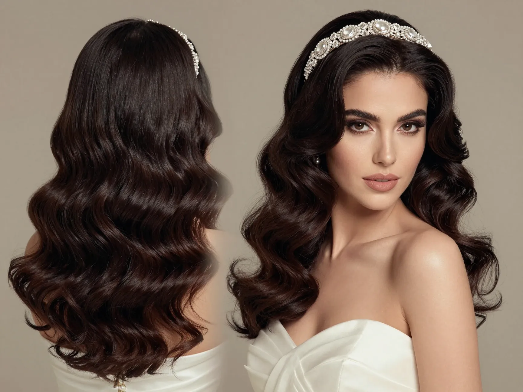 Soft hollywood waves bridal hair glossy glamorous cinematic