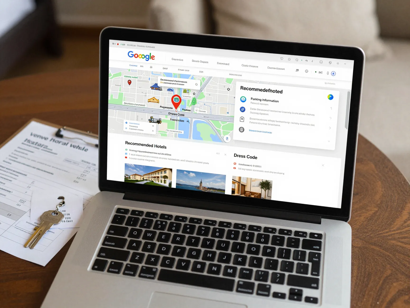 Comprehensive venue travel information page with embedded google maps hotel details