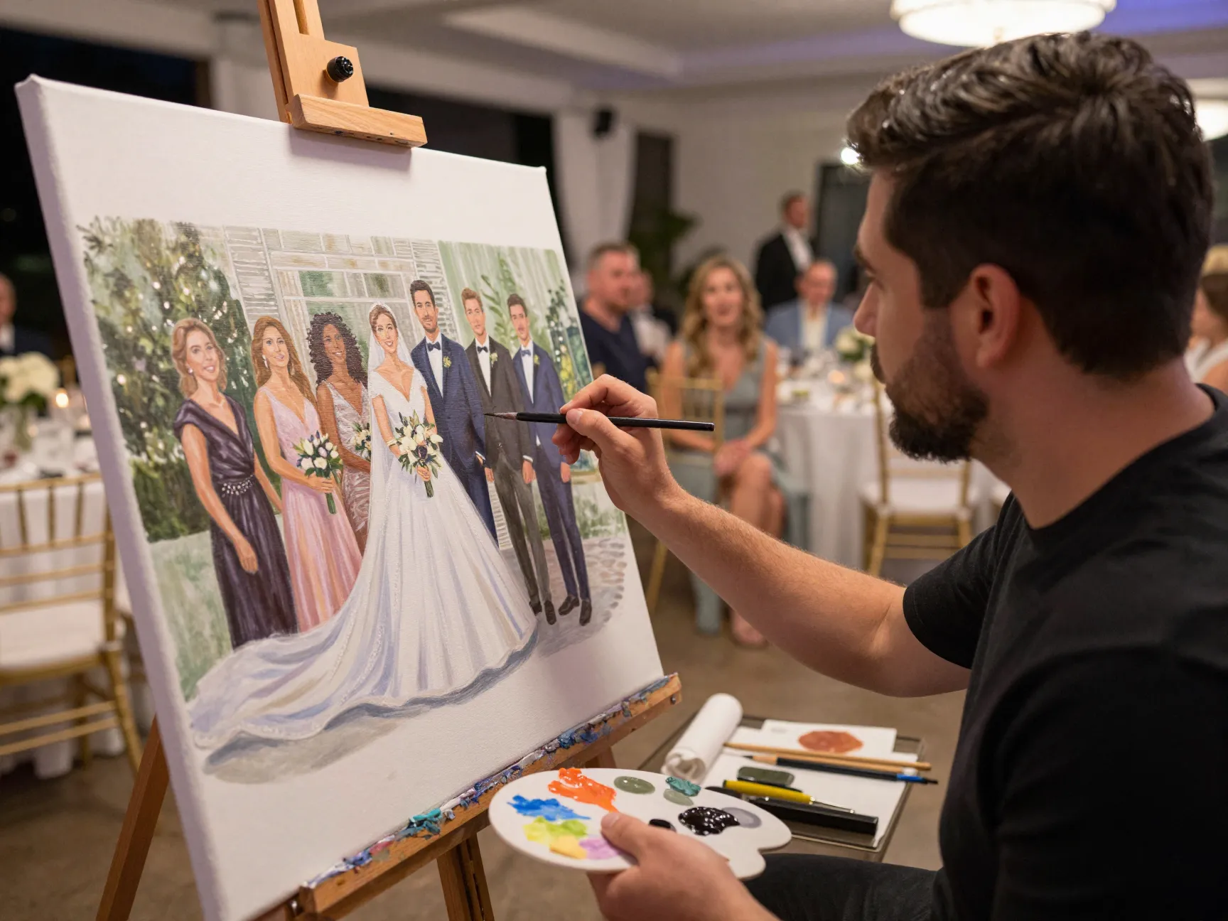 Live painter creating artwork of wedding reception in real time
