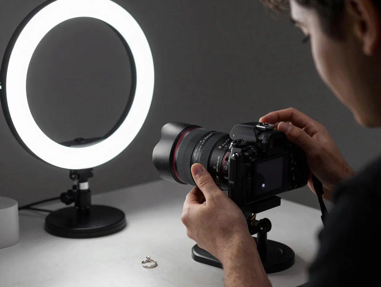 Professional photographer using a macro lens to capture an engagement ring