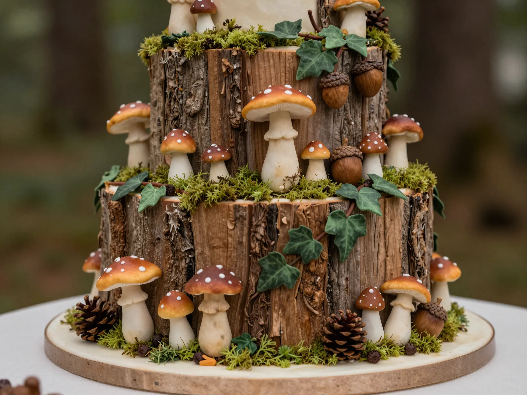 Woodland wedding cake with sculpted mushrooms moss ivy acorns