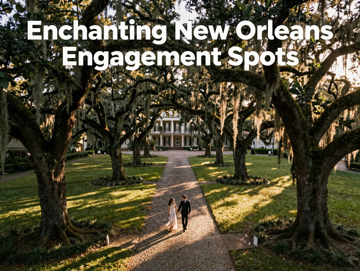 Aerial oak alley couple golden hour moss draped plantation pathway