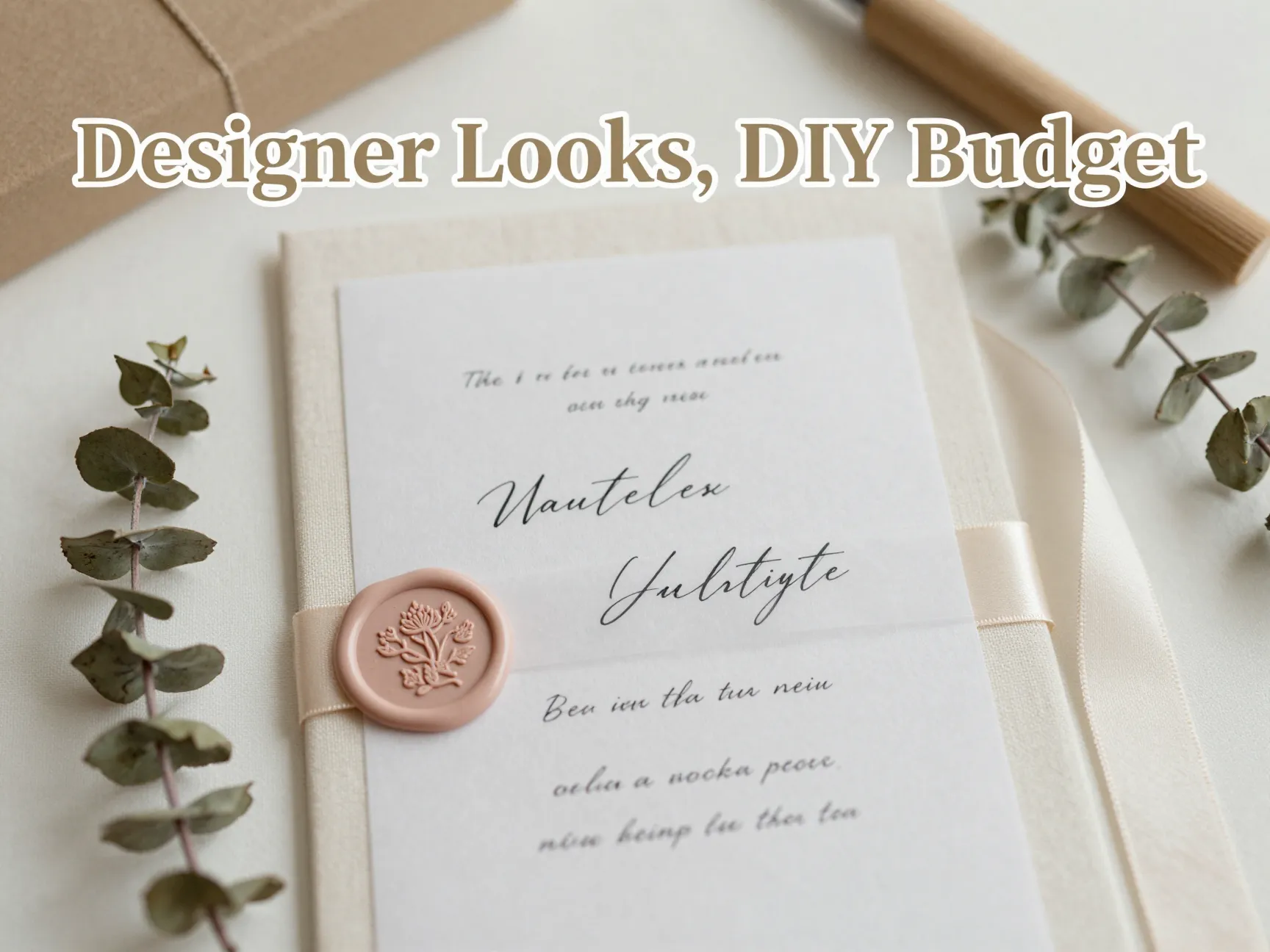 Diy wedding invitation vellum wax seal ribbon eucalyptus flat lay