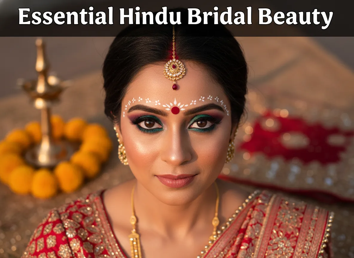 Hindu bride bold kohl red bindi temple forehead design golden glow
