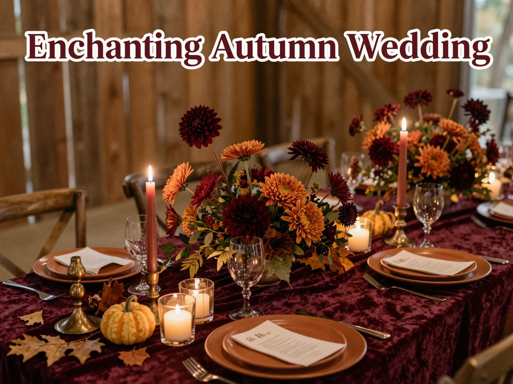 Jewel toned autumn tablescape velvet candles dahlias gourds barn setting