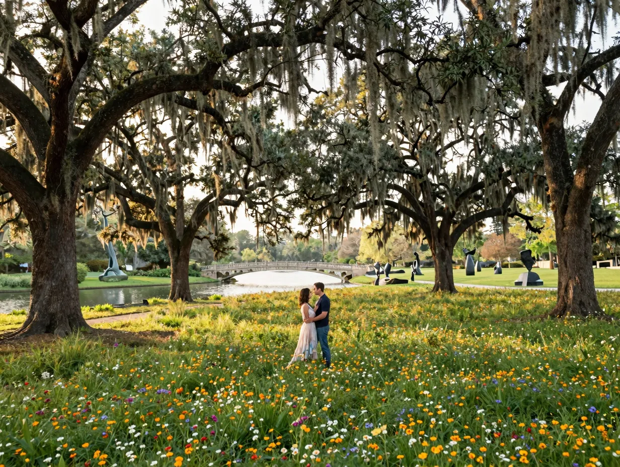 City park live oaks spanish moss wildflower field sculpture garden engagement couple