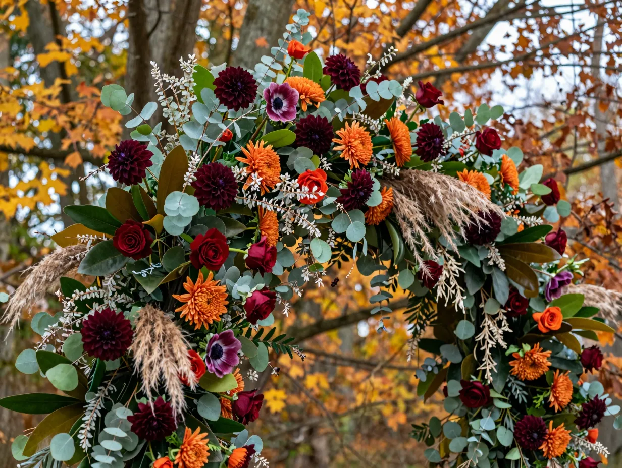 Jewel toned floral arch with burgundy dahlias orange chrysanthemums and green eucalyptus