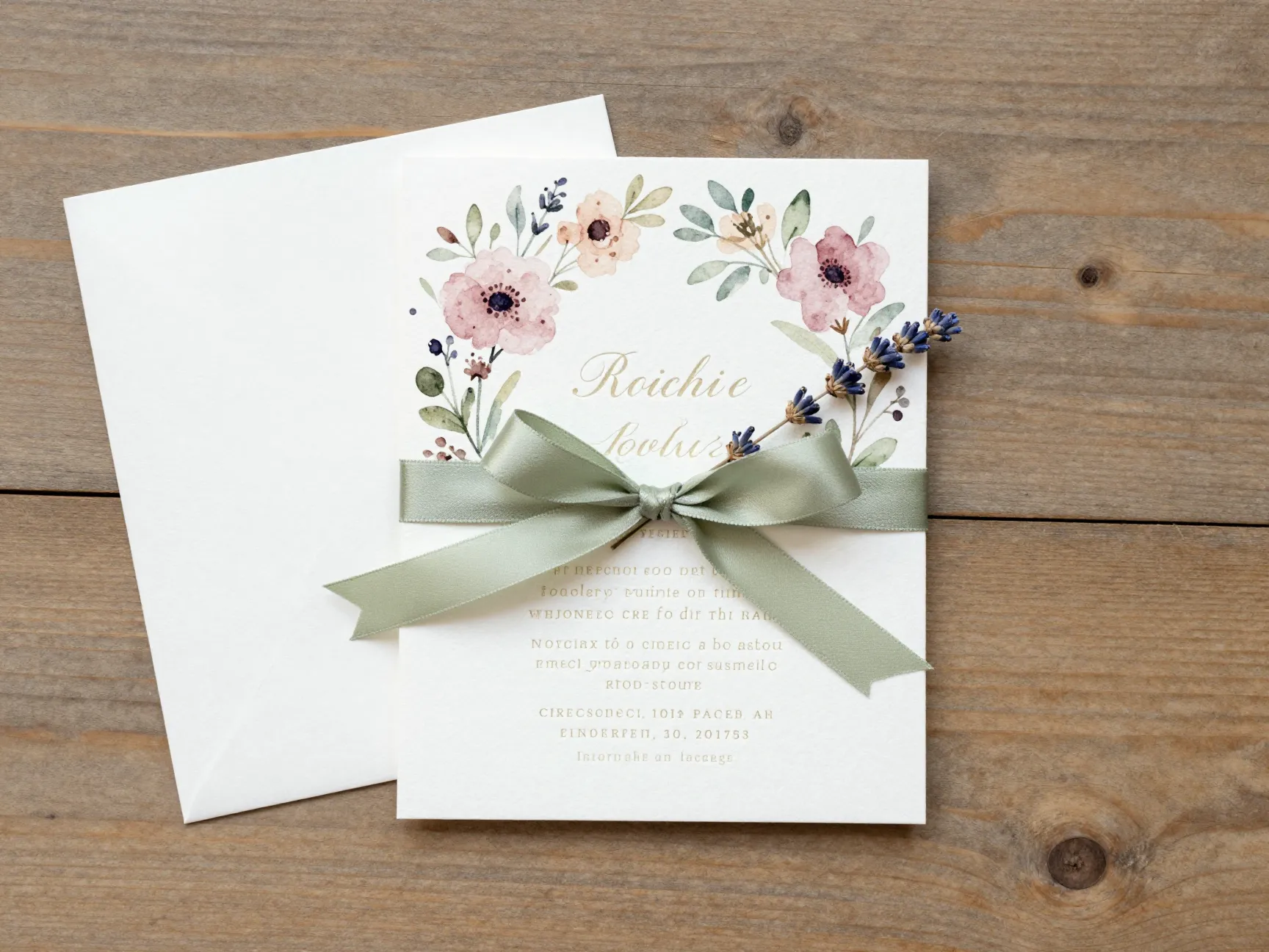 Romantic watercolor floral invitation tied with satin ribbon on matte paper