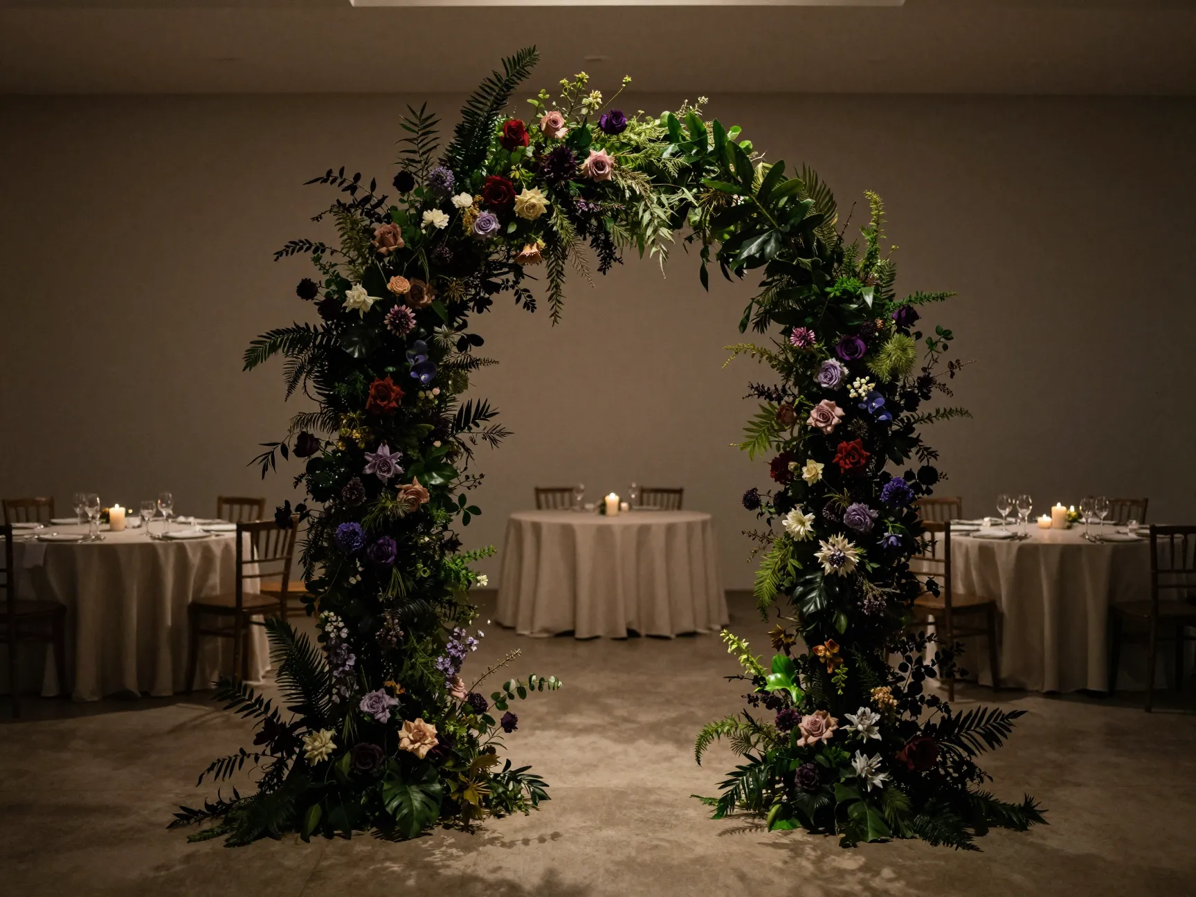A dramatic floral arch hero moment in a simple venue