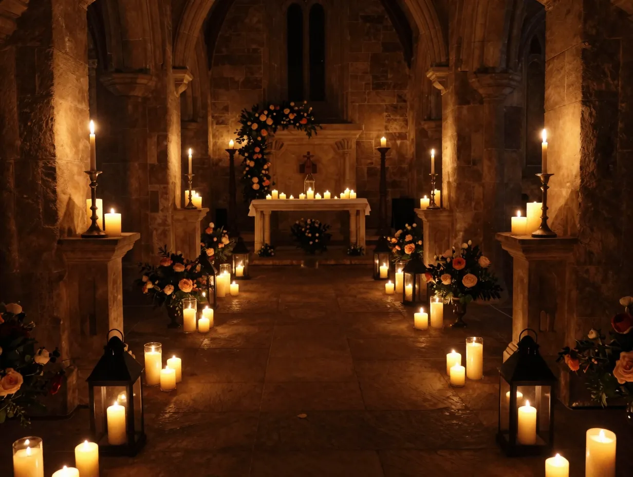 Candlelit autumn ceremony aisle with varying pillar taper votive candles