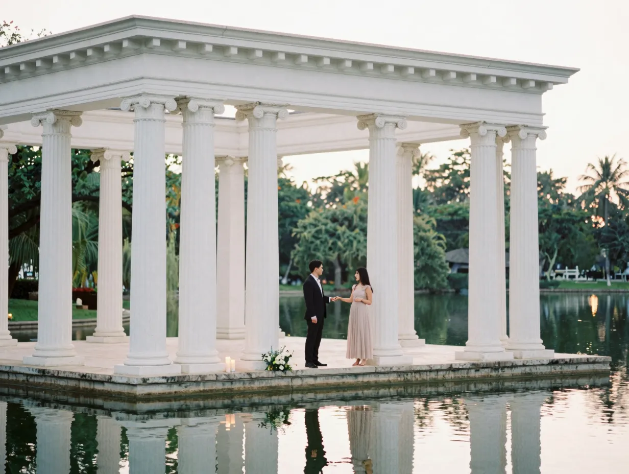 Peristyle neoclassical columns lagoon water reflection engagement couple