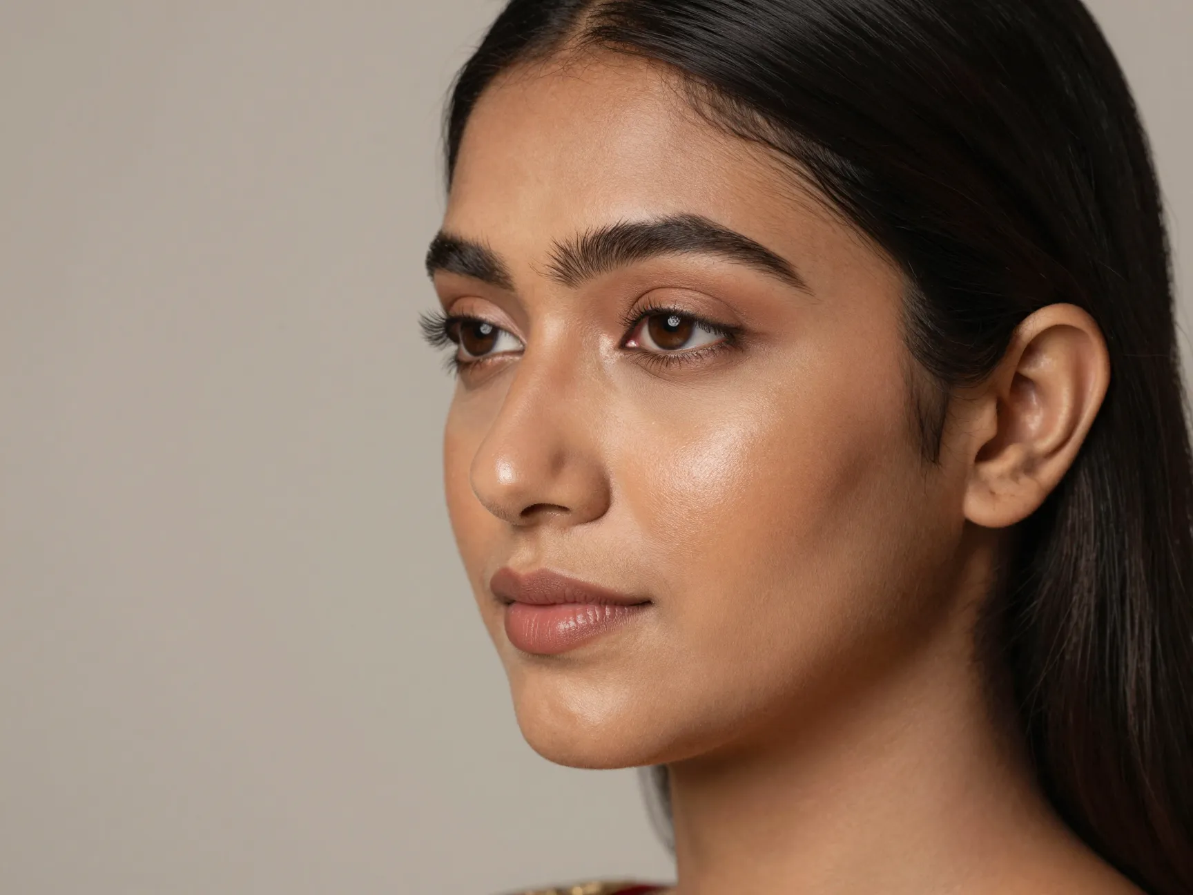 Soft sculpting with warm bronzer and subtle highlighter on bride