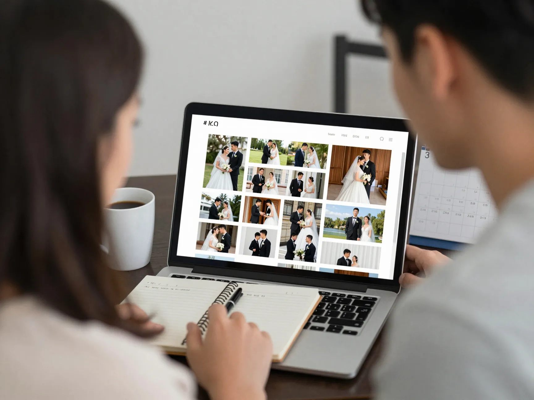 A couple reviewing a photographers full wedding gallery on a laptop
