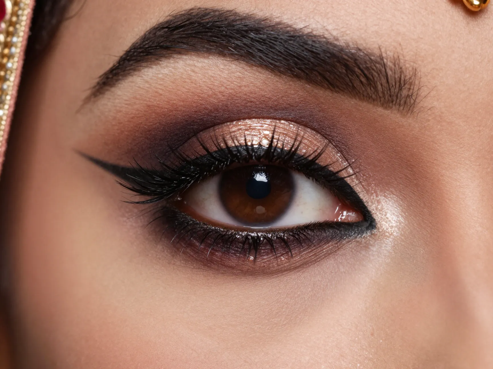 Bold kohl dramatic eye definition with winged liner on hindu bride