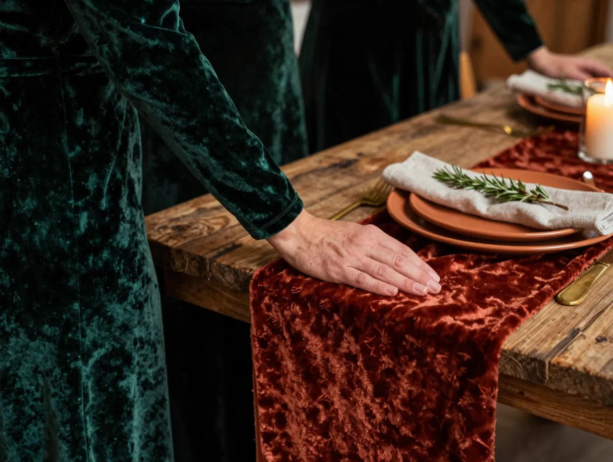 Forest green velvet bridesmaid dresses with rust velvet table runner textures