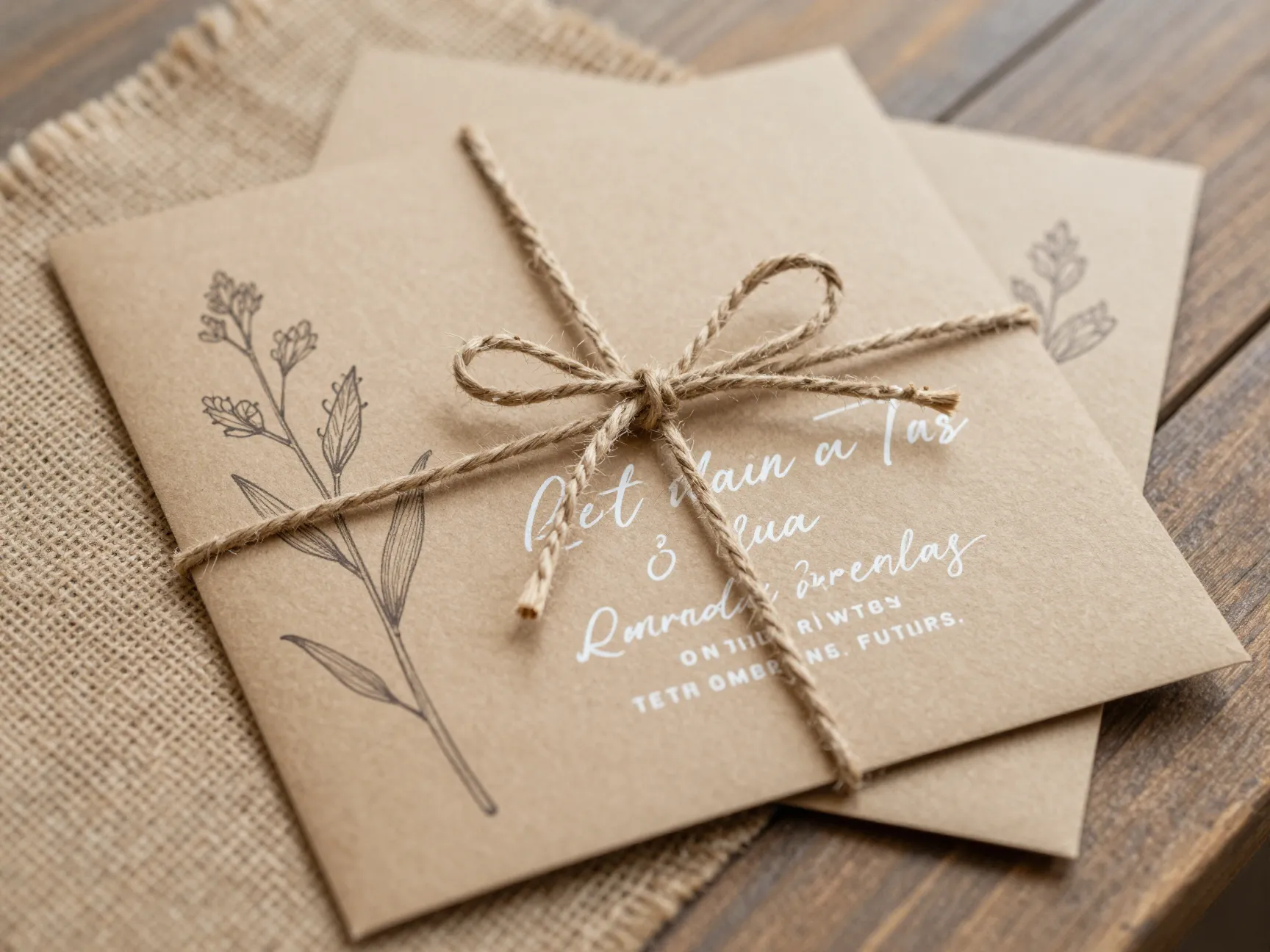 Rustic kraft paper invitation with twine and line art botanical
