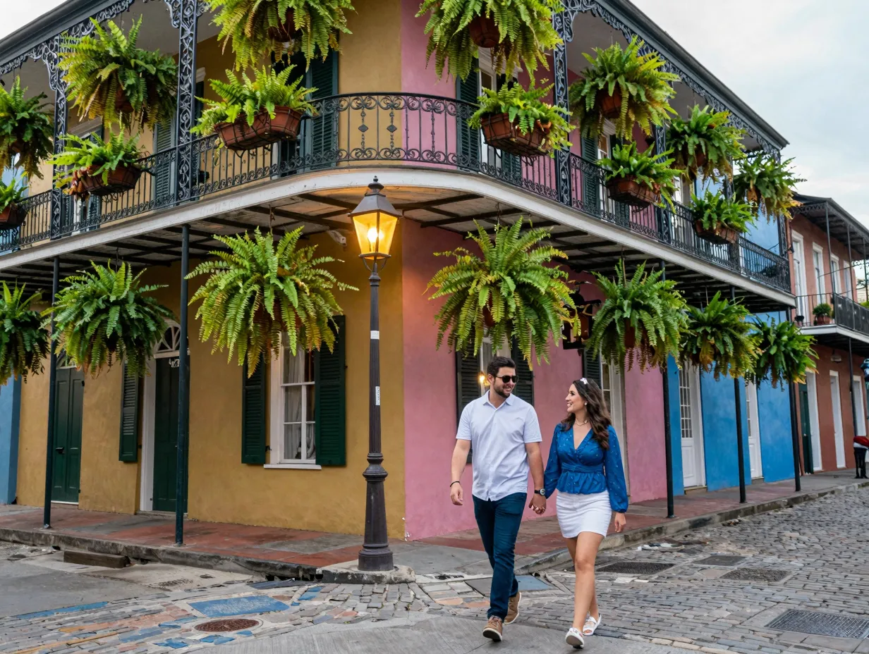 French quarter colorful creole townhouse cast iron balcony gas lantern engagement couple