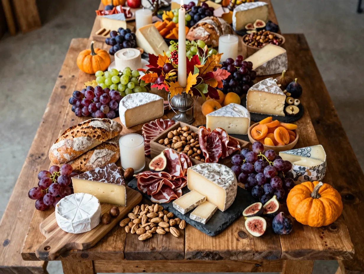 Harvest grazing table with cheeses meats nuts fruits on wooden boards