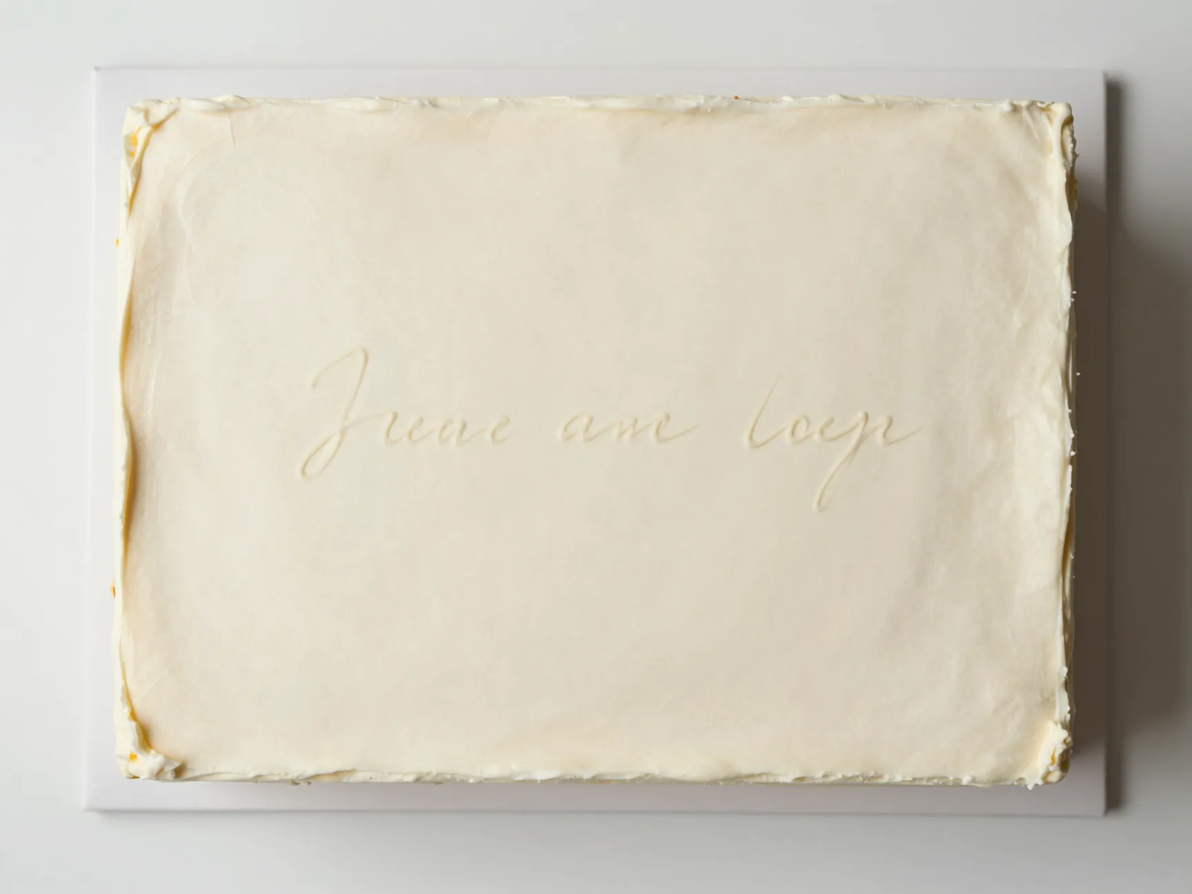 Elegant minimalist sheet cake with smooth ivory buttercream and script