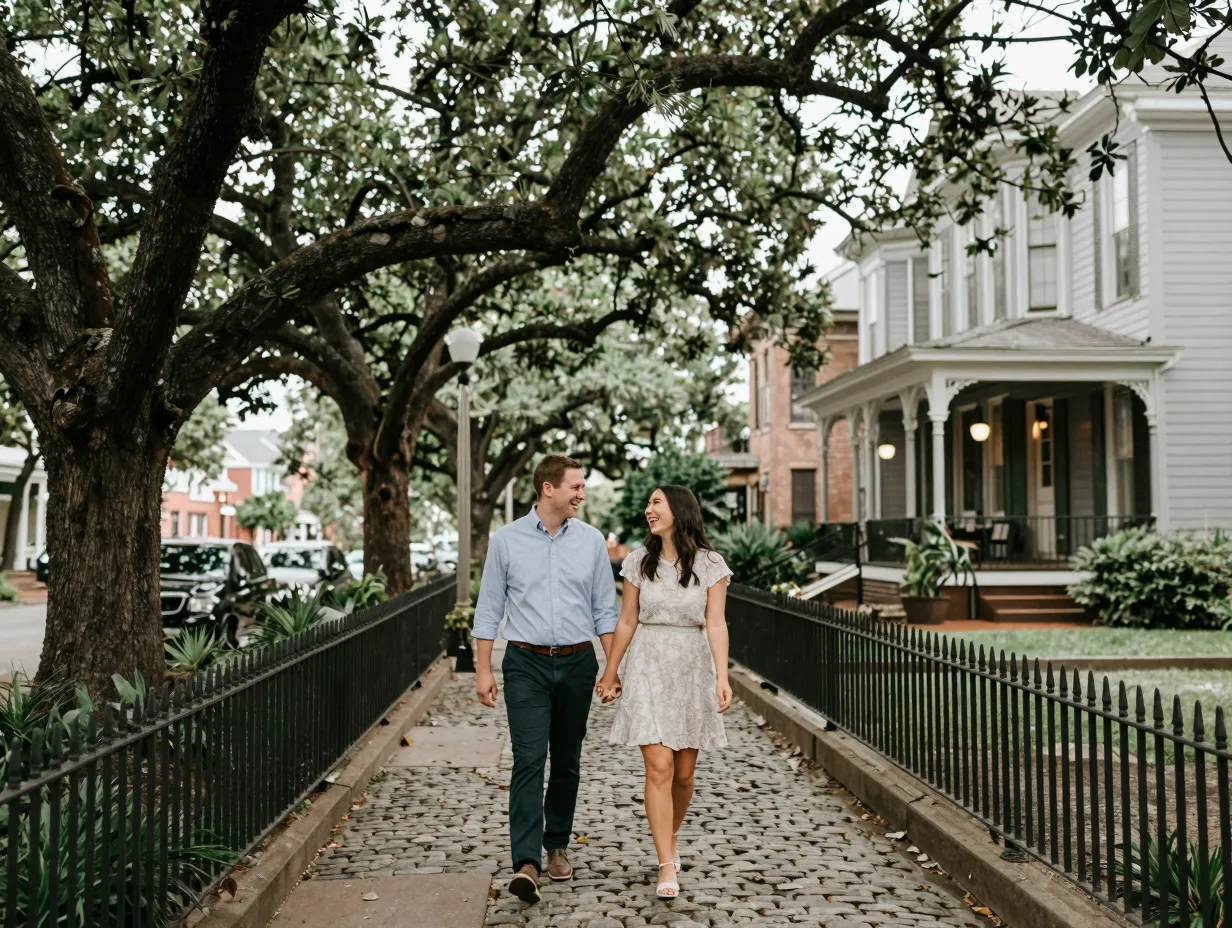 Uptown neighborhood cobblestone sidewalk wrought iron fence mature trees engagement couple