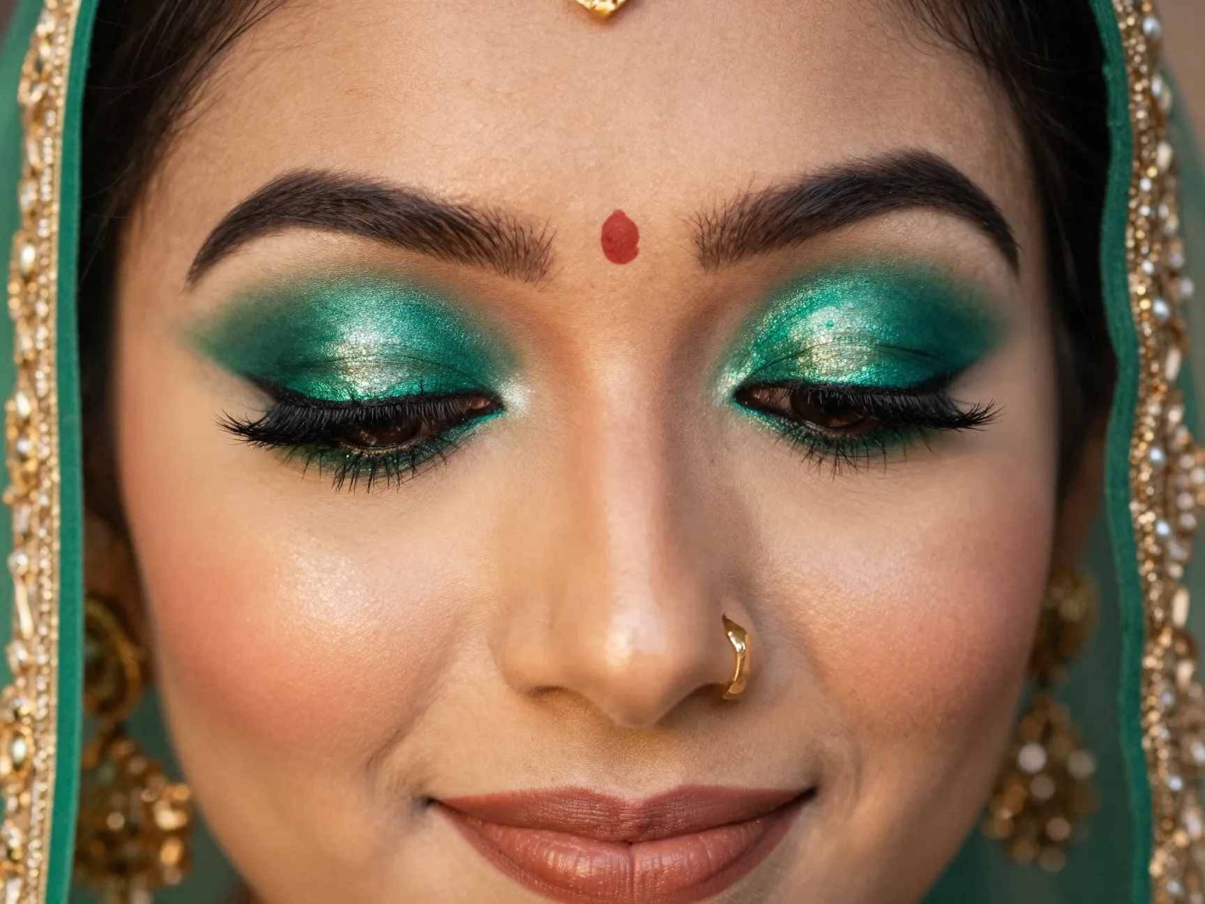 Vibrant jewel toned emerald green eyeshadow on indian bride