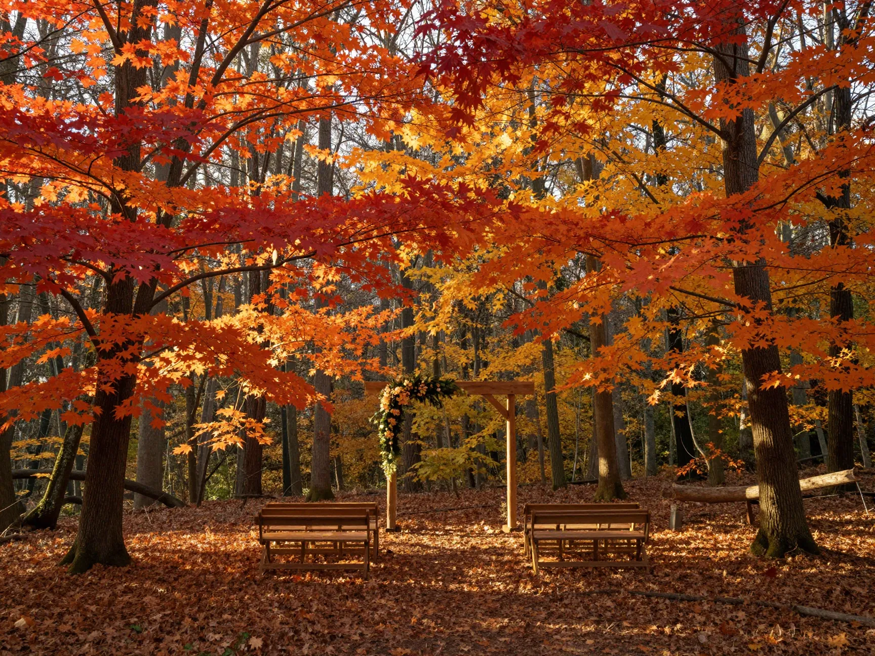 Woodland clearing autumn wedding venue with canopy of fiery maple leaves