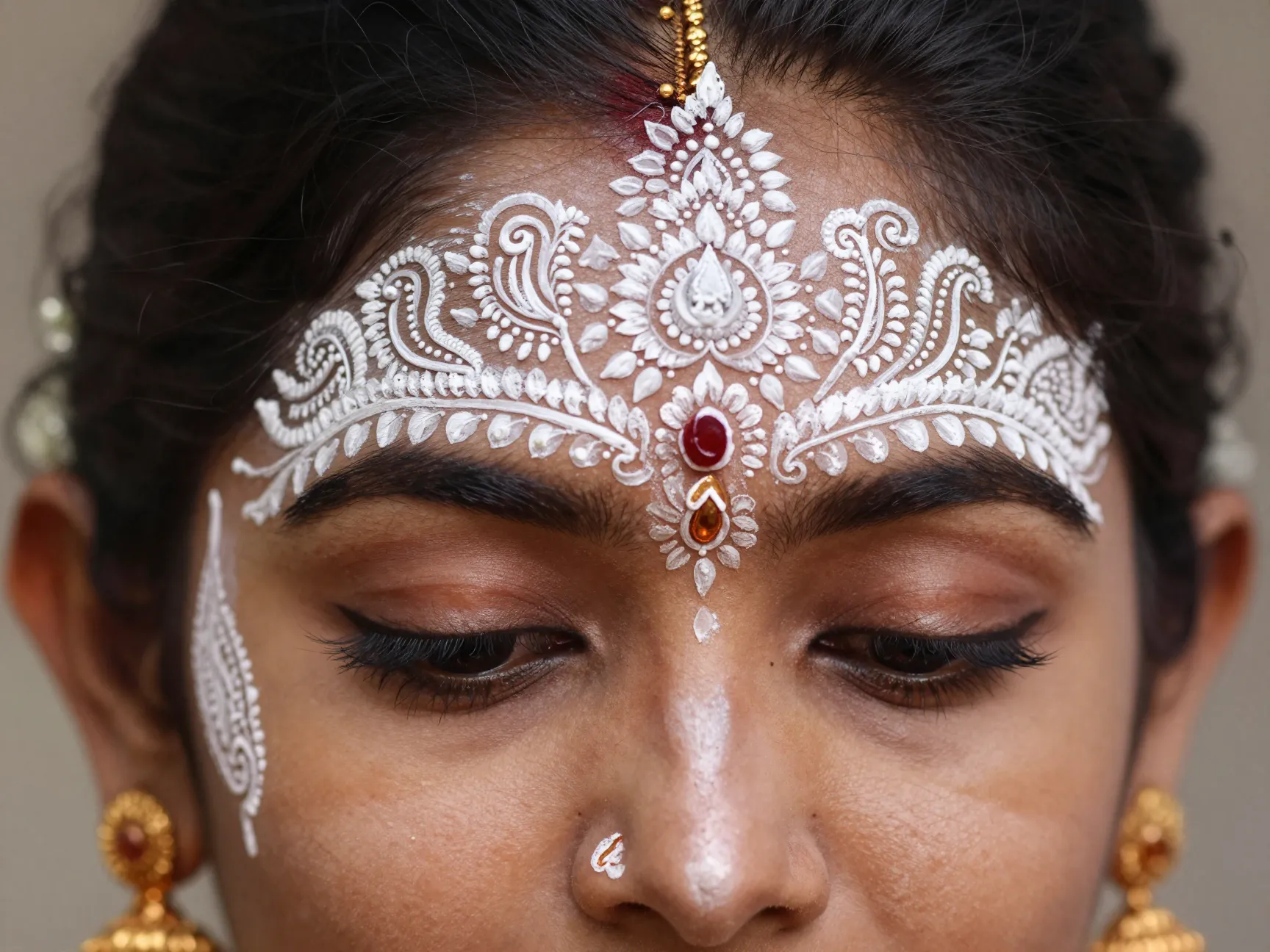 Intricate white temple design forehead art on south indian bride