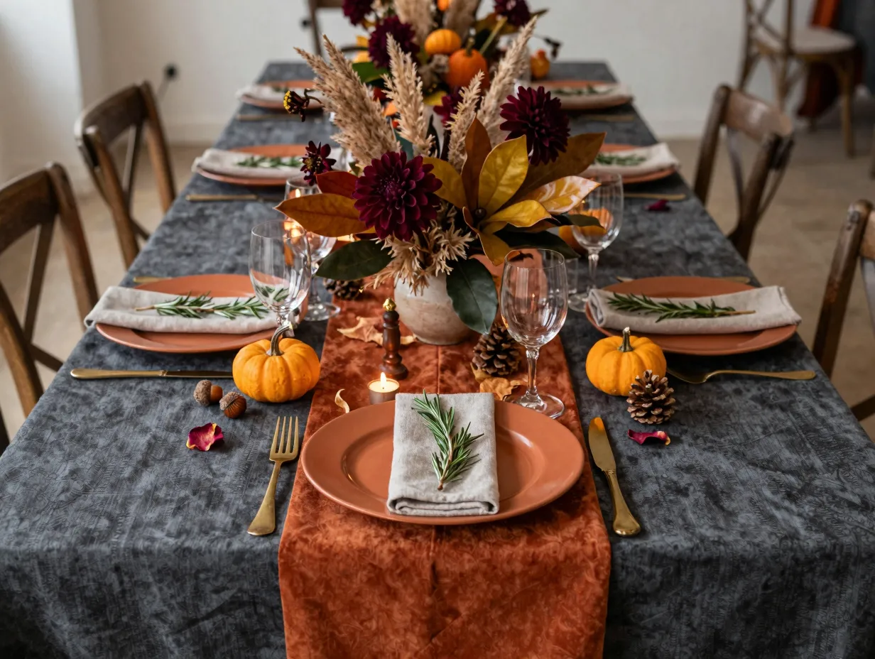 Layered autumn tablescape with charcoal linen velvet runner and dried florals