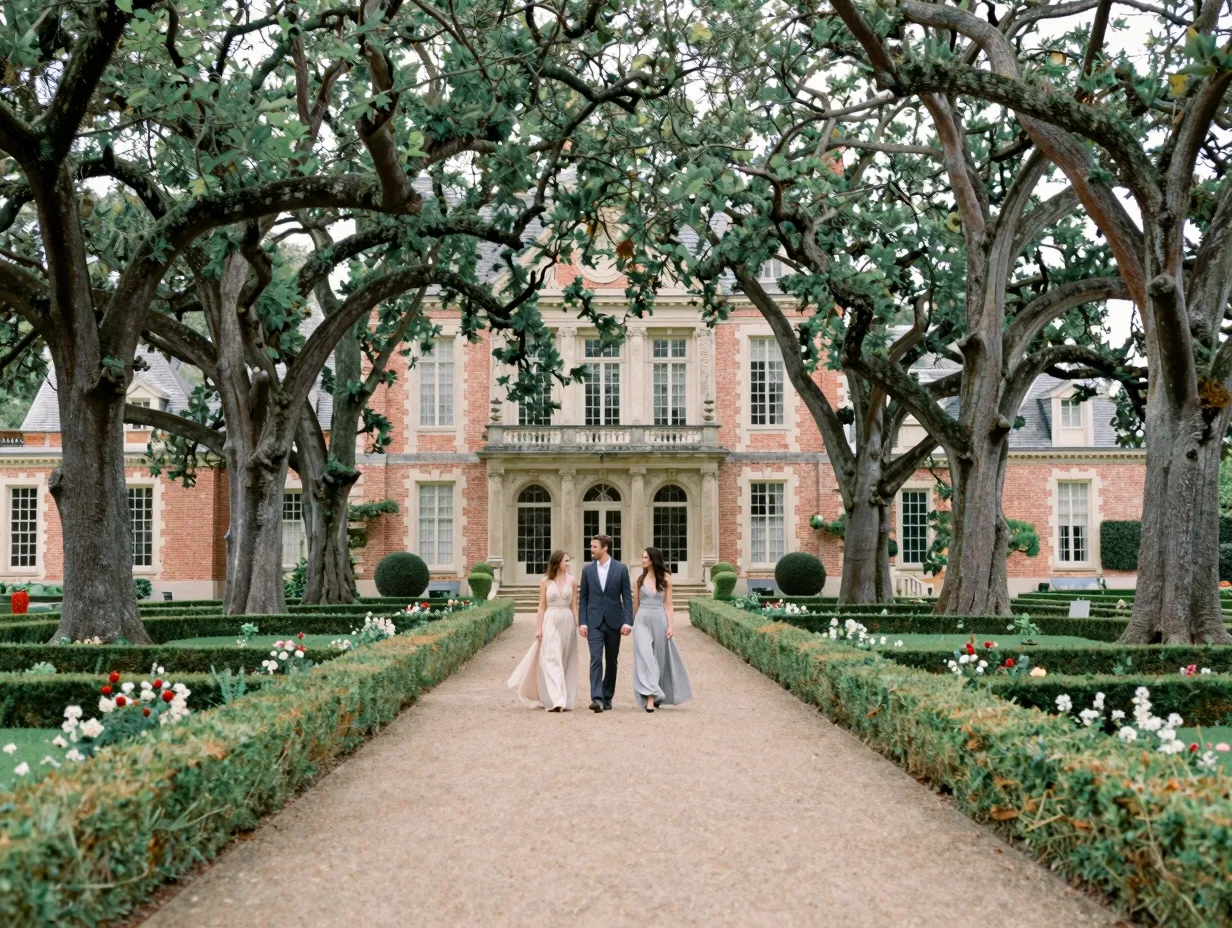 Longue vue formal gardens oak alley brick architecture engagement couple