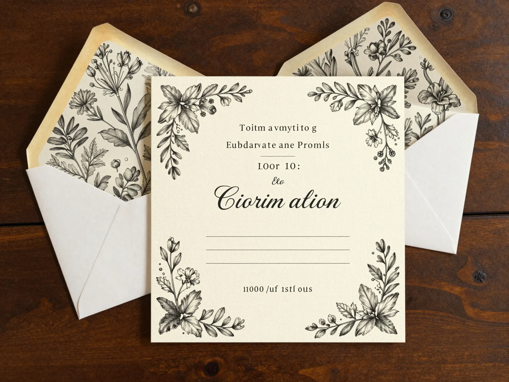 Vintage botanical illustration invitation on linen textured paper