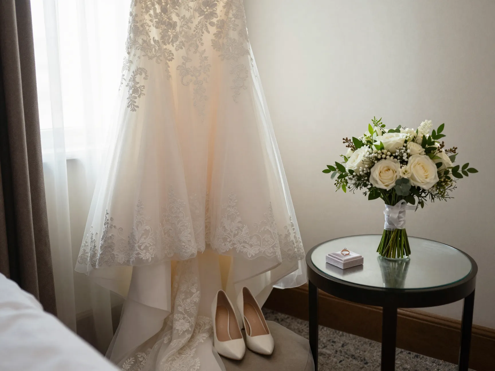 A brides getting ready room with photography details prepared