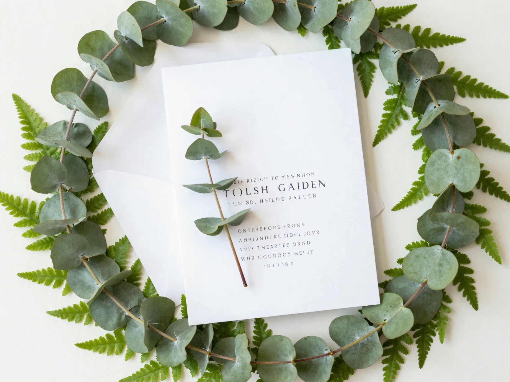 Lush garden greenery invitation with pressed eucalyptus sprig