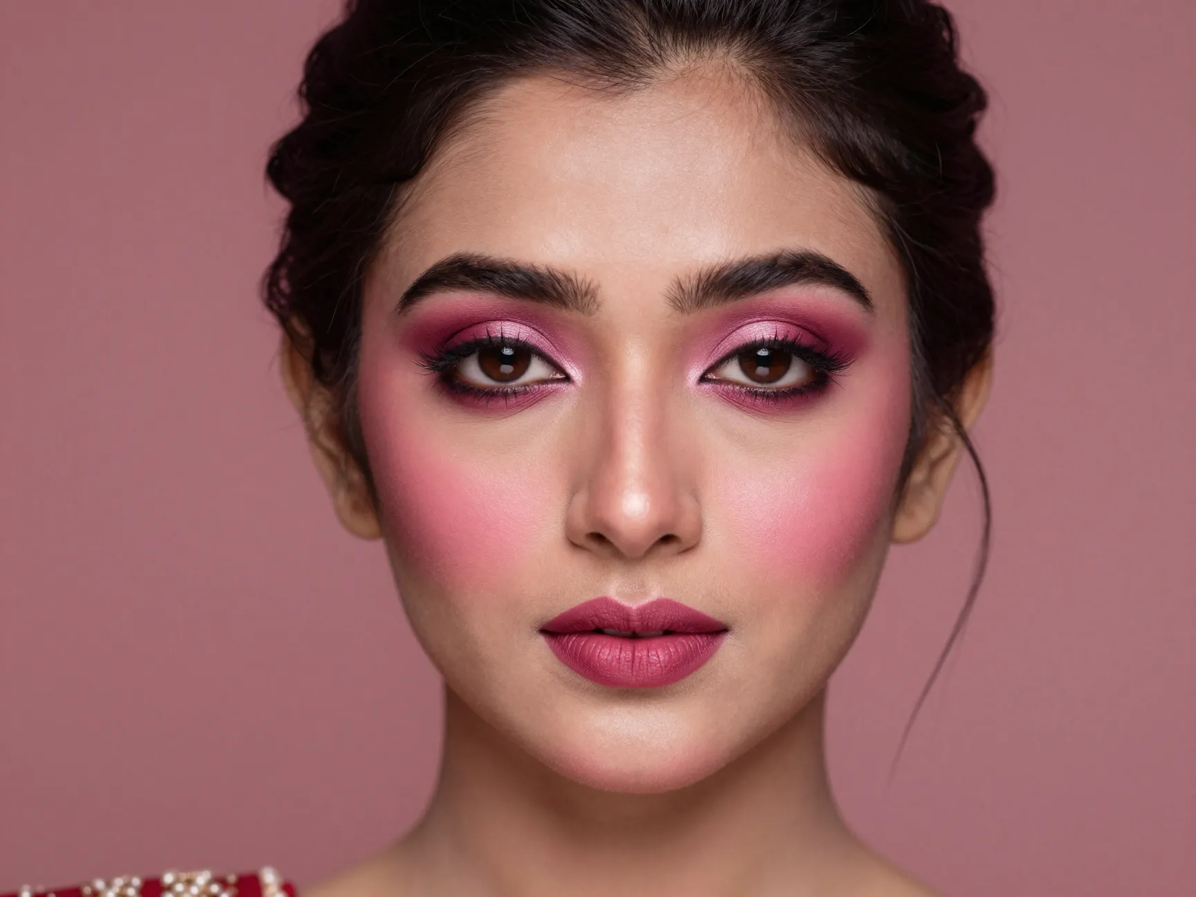 Monochromatic rose color harmony on eyes cheeks and lips