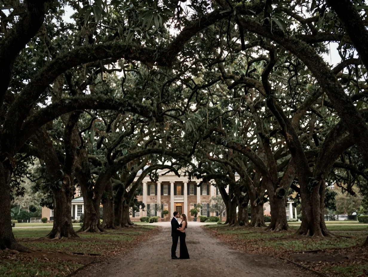Oak alley plantation live oak tunnel greek revival mansion engagement couple
