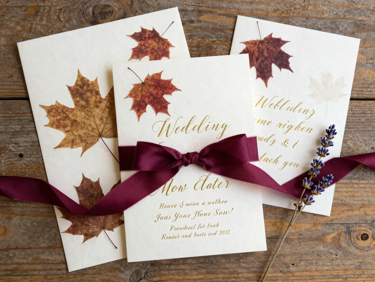 Wedding invitation suite with pressed autumn leaves and gold foil lettering