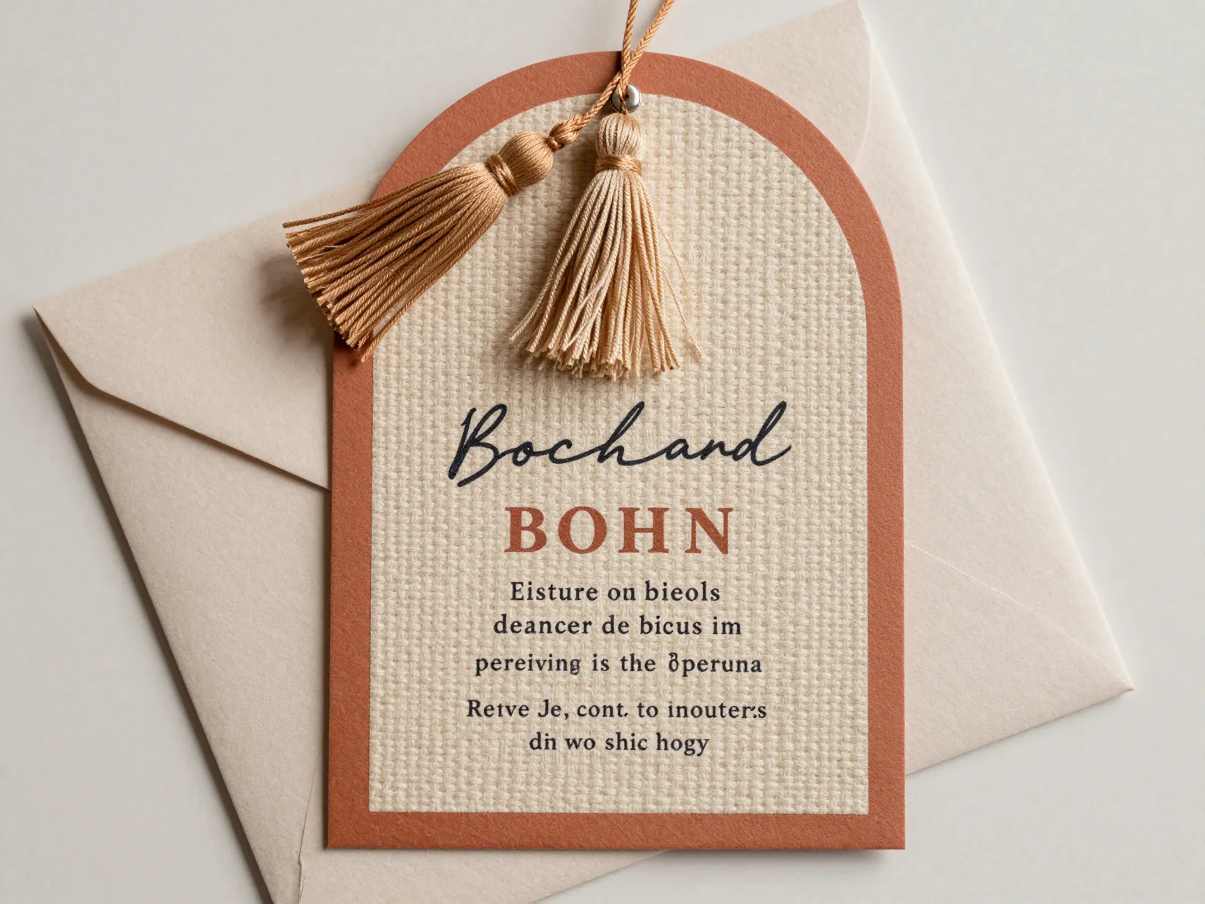Boho arch shaped invitation with macrame texture and tassel